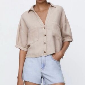 Zara Beige Linen Button-Down Shirt XS Boxy Cropped Minimalist Coastal quiet Luxe
